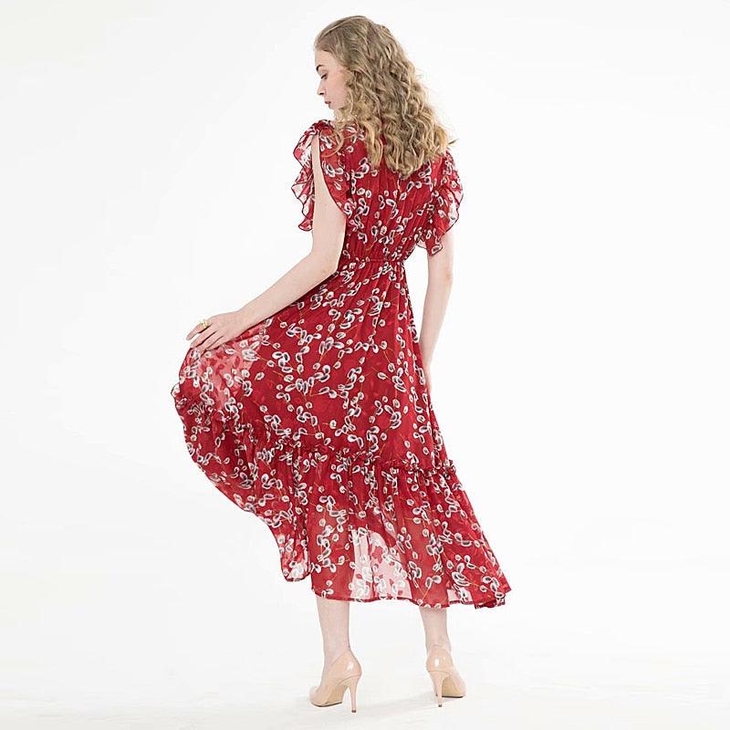 Red Beach Boho Vintage Elegant Chic Chiffon Print Dress