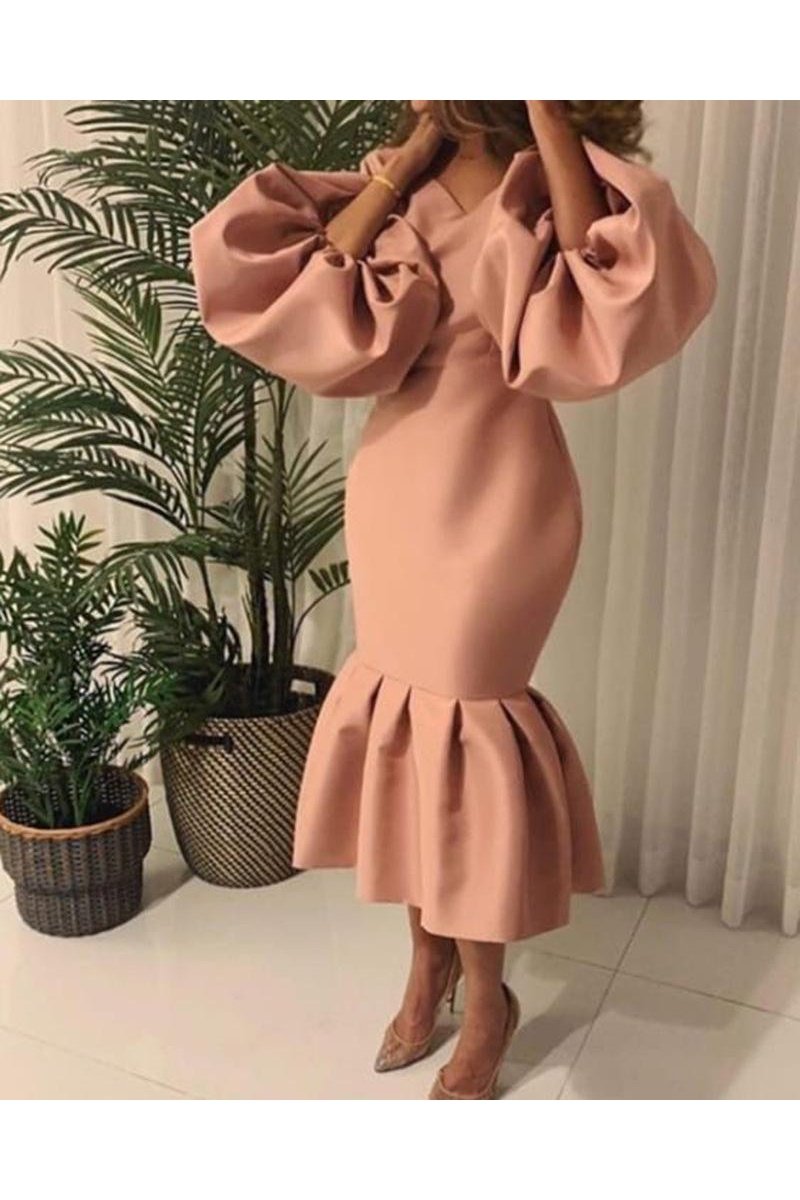 Plus Size Long Puff Sleeves Solid Color V-Neck Ruffled Dress