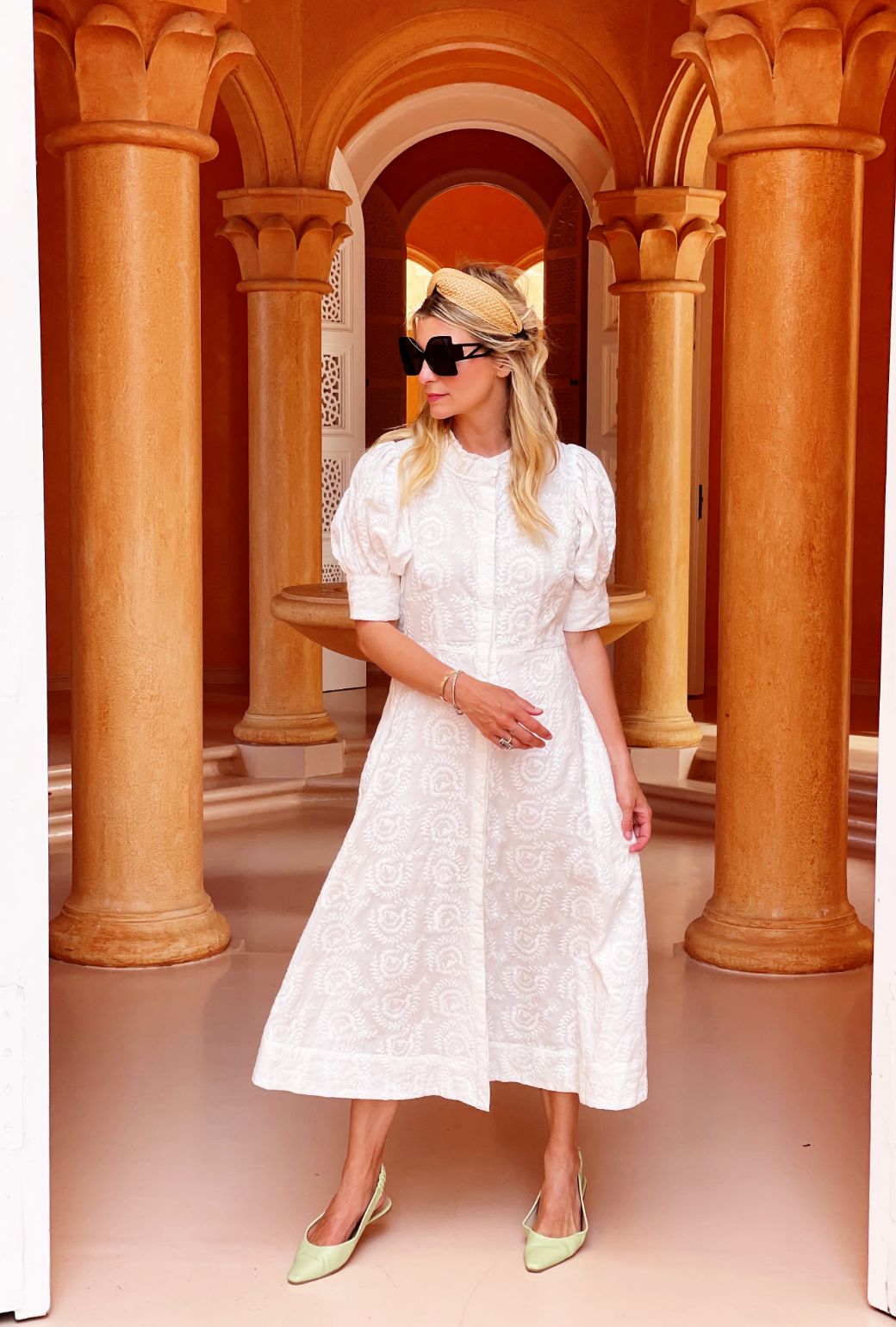 Puff Sleeve Day Gown - MIDI - White Embroidery