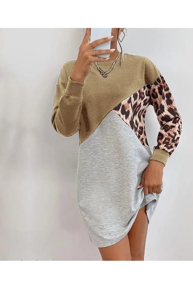 Round Neck Long Sleeve Leopard Print Panel Sweater Dress