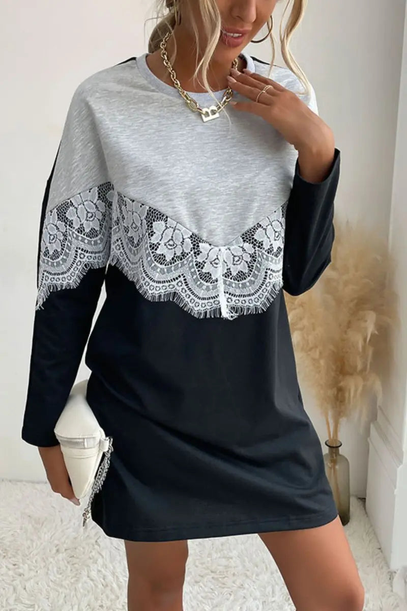 Round Neck Pullover Flower Lace Panel Sweater Dress