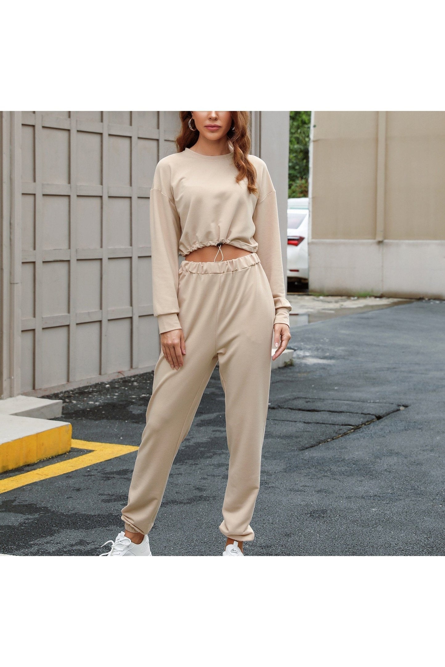 Round Neck Solid Color Basic Two-Piece Pants Set