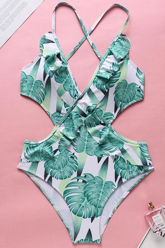 Ruffle Tropical Palm Leaf Monokini One Piece Swimsuit