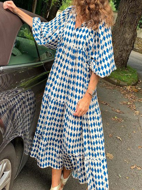 Women's Dresses Geometric Print Puff Sleeve Maxi Dress