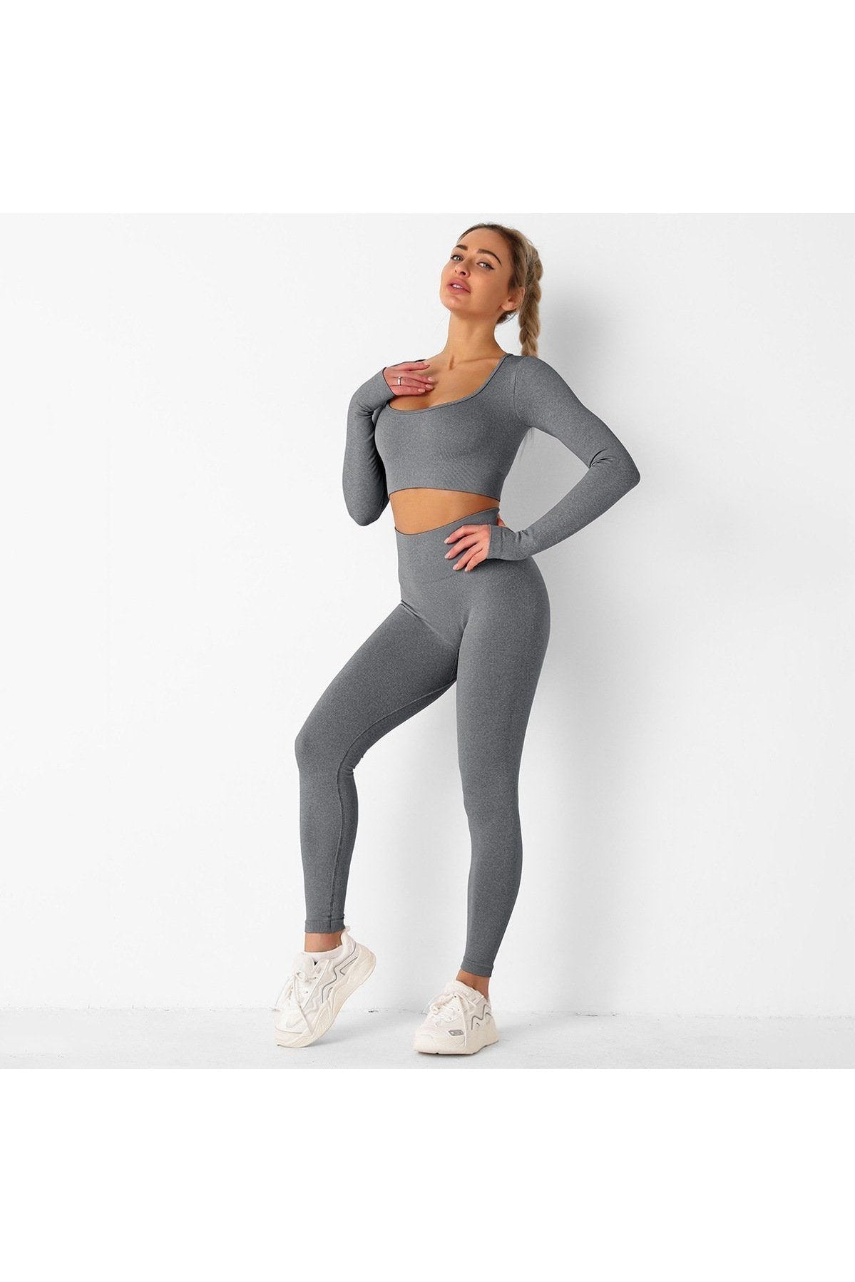Scoop Neck Long Sleeves Stretch Breathable Sports Set