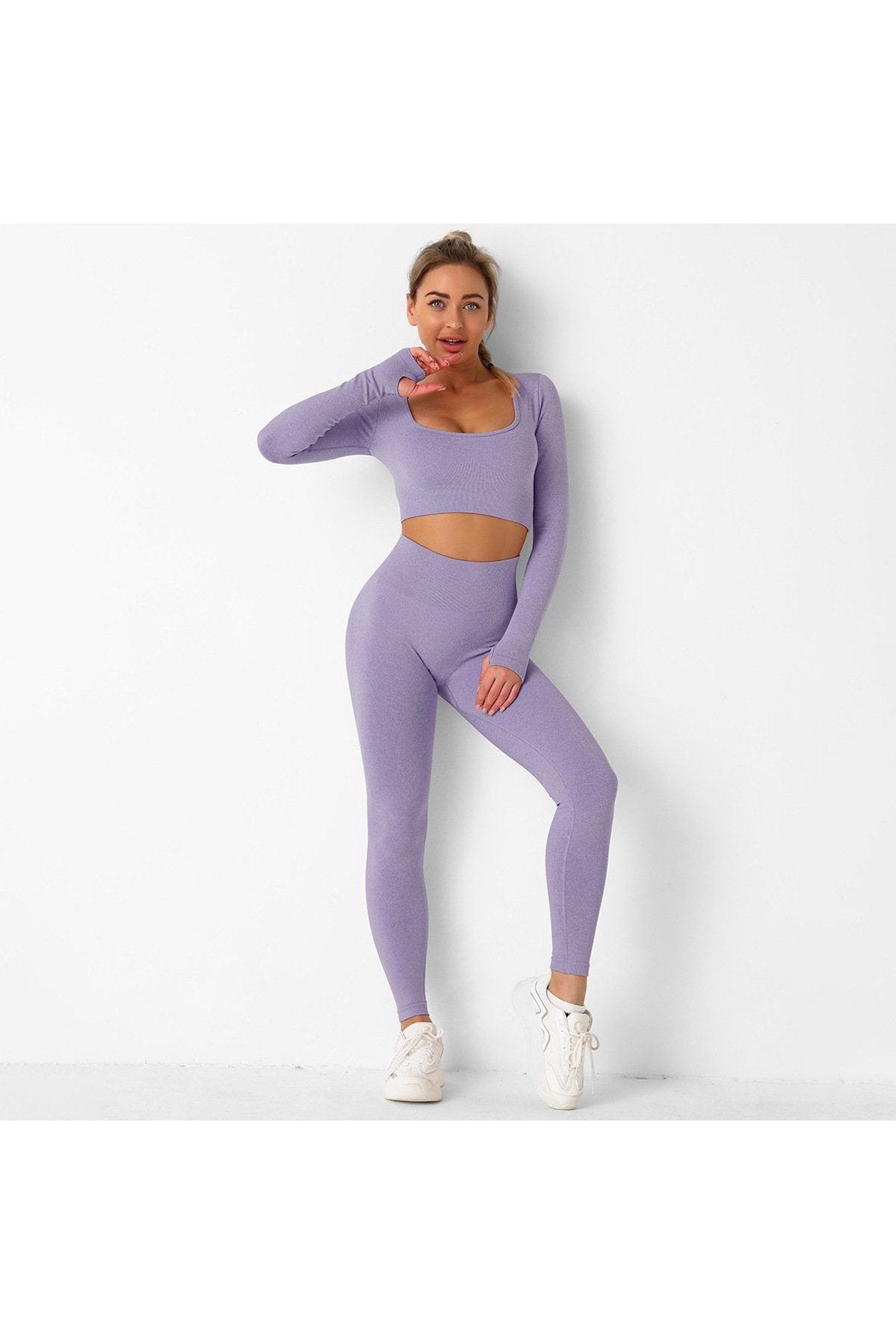 Scoop Neck Long Sleeves Stretch Breathable Sports Set