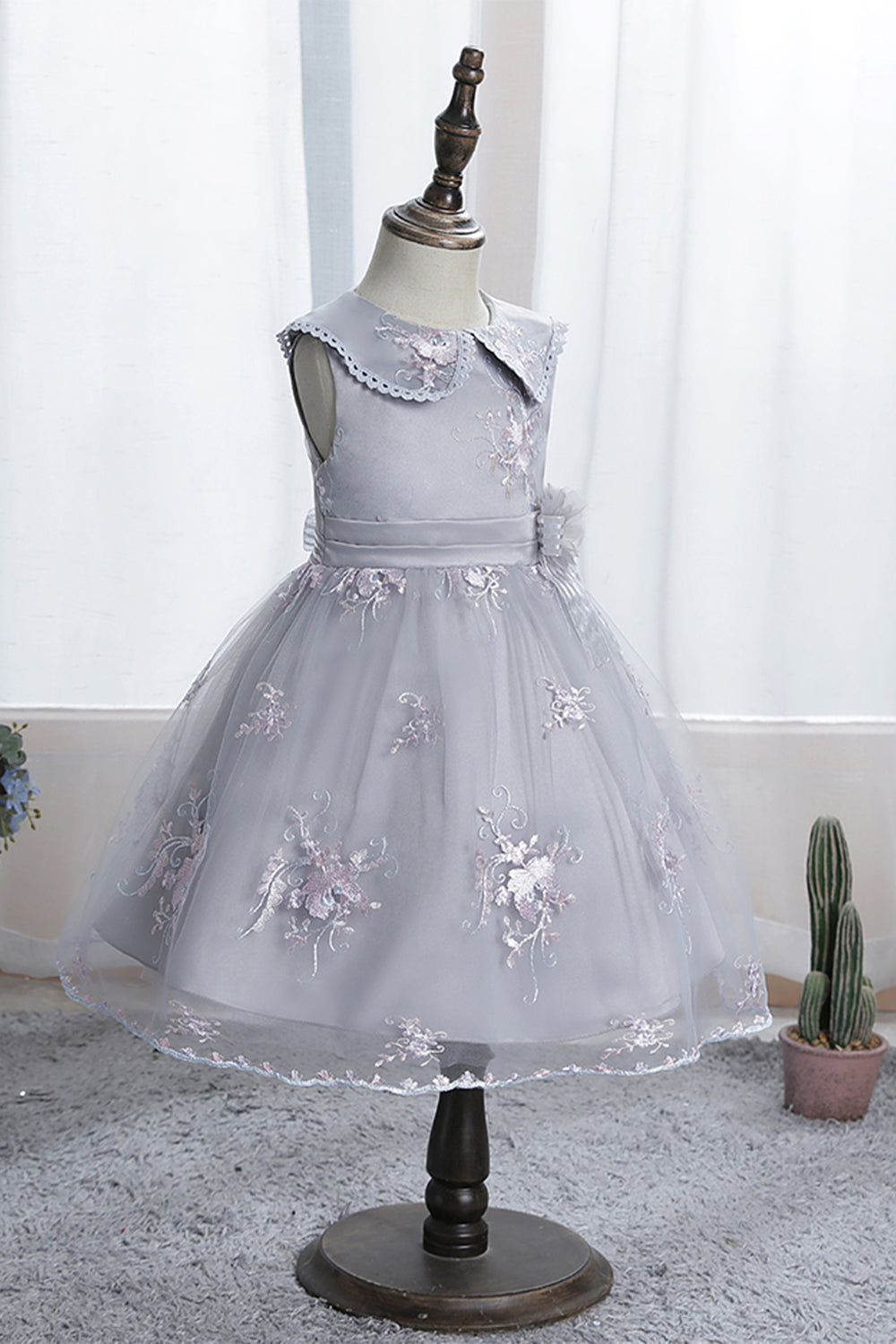 Purple Doll Collar Flower Girl Dress with Lace