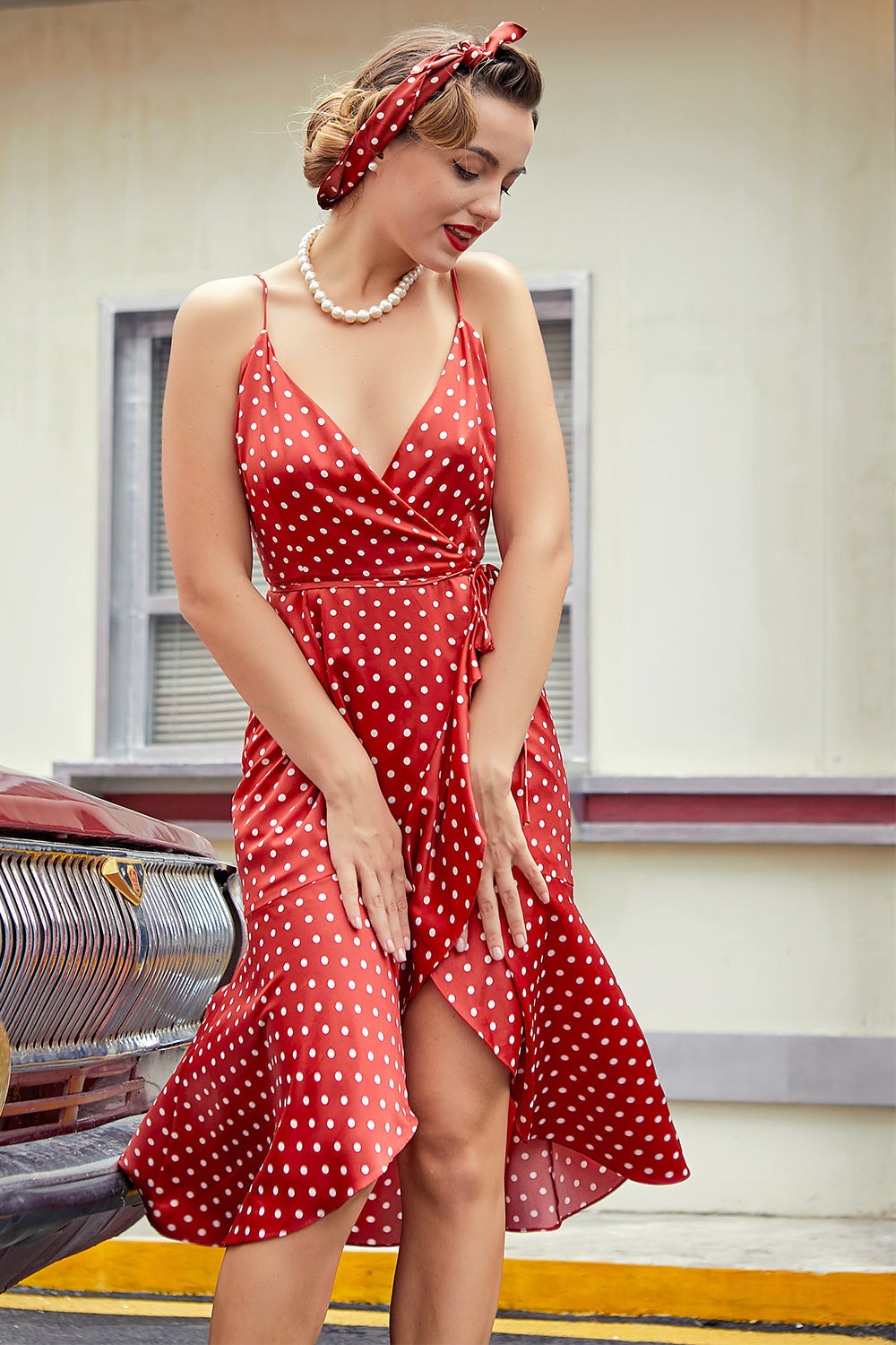 Red White Polka Dots Asymmetrical Dress