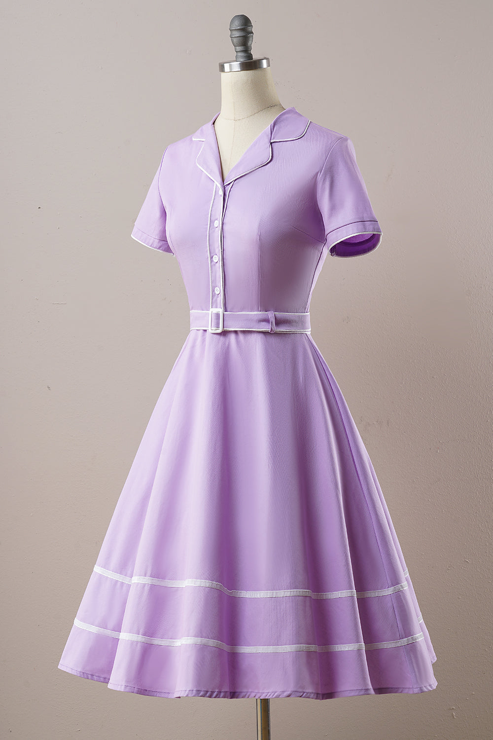 Purple Belted Short Sleeves Vintage Dress