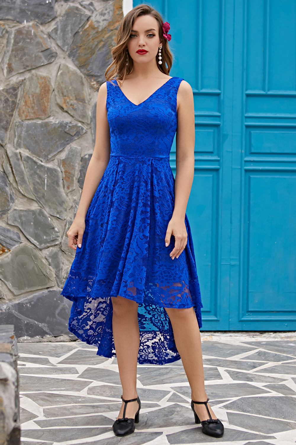 Royal Blue Asymmetrical Lace Dress