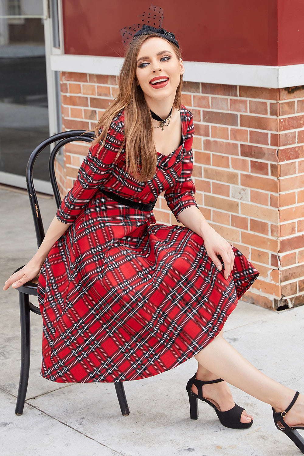 Plaid Red Vintage Dress with Sleeves