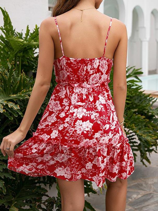 A Line Floral Print V-neck Strap Dress - Mini Dresses - INS | Online Fashion Free Shipping Clothing, Dresses, Tops, Shoes - 21/04/2021 - Color_Black - Color_Pink