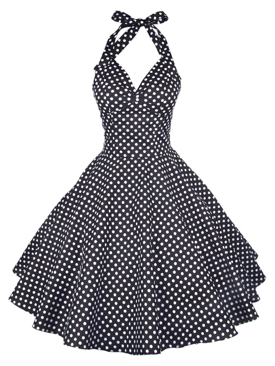 Polka Dot Dress Vintage V-neck High Waist Halter A-line Swing Dresses