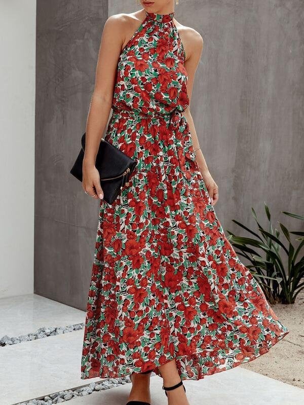Allover Floral Maxi Halter Dress - Dresses - INS | Online Fashion Free Shipping Clothing, Dresses, Tops, Shoes - 01/29/2021 - 2XL - Beach