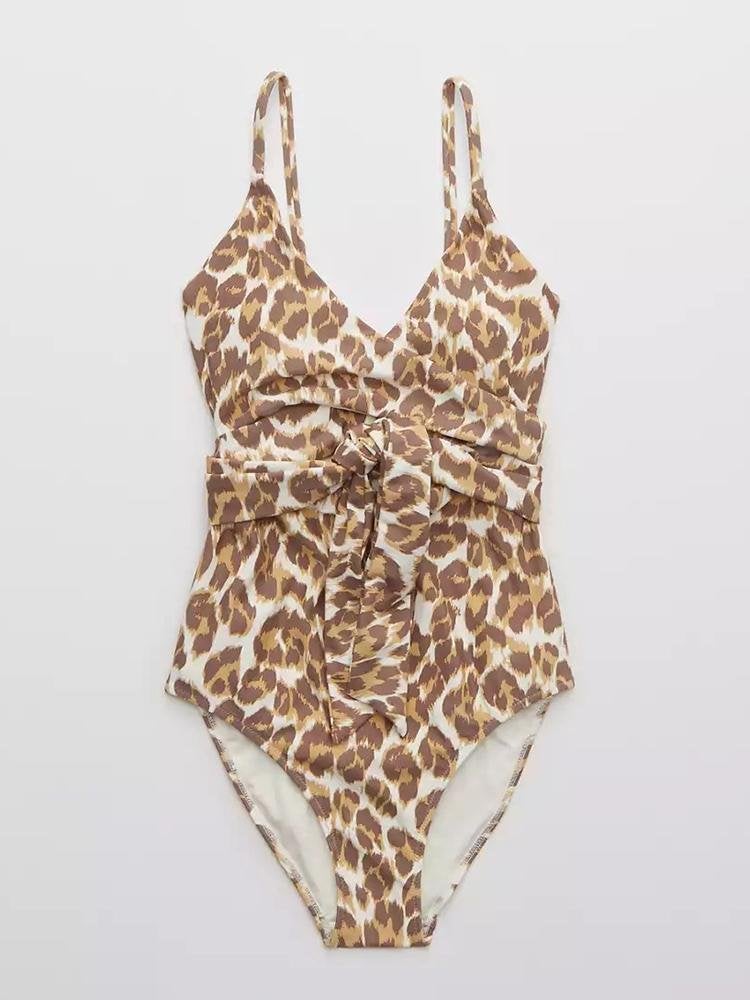 Animal Print Wrap One Piece Swimsuit - Swimsuits - INS | Online Fashion Free Shipping Clothing, Dresses, Tops, Shoes - Colour_Dusty Mushroom - Colour_Raw Sienna - One-piece