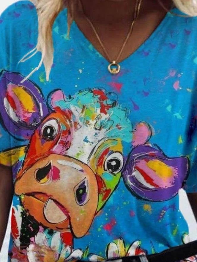 Animal Printed V-neck T-shirt - T-shirts - INS | Online Fashion Free Shipping Clothing, Dresses, Tops, Shoes - 08/06/2021 - Color_Blue - Color_Red