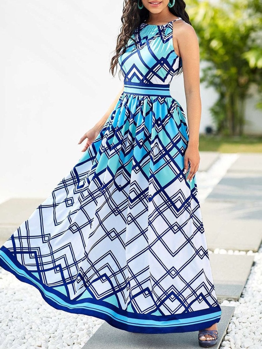 Asymmetric Neck Geometric Print Sleeveless Maxi Dress - Maxi Dresses - INS | Online Fashion Free Shipping Clothing, Dresses, Tops, Shoes - 19/04/2021 - Category_Maxi Dresses - chiffon-dress