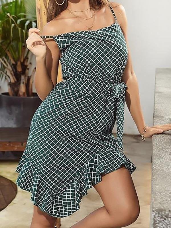 Asymmetry Sling Ruffle Plaid Dress - Mini Dresses - INS | Online Fashion Free Shipping Clothing, Dresses, Tops, Shoes - 22/03/2021 - AMZ - Color_Green