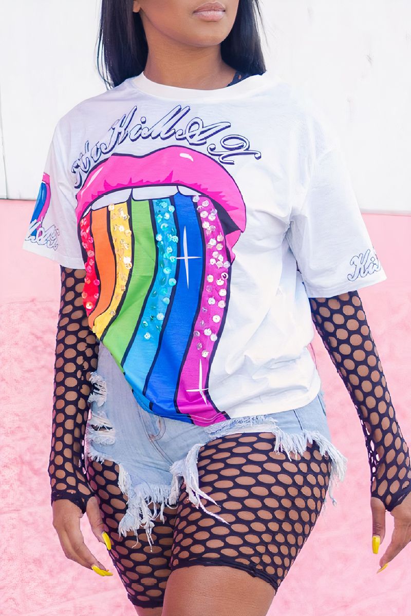 Rainbow Stripe & Lips Print T-Shirt