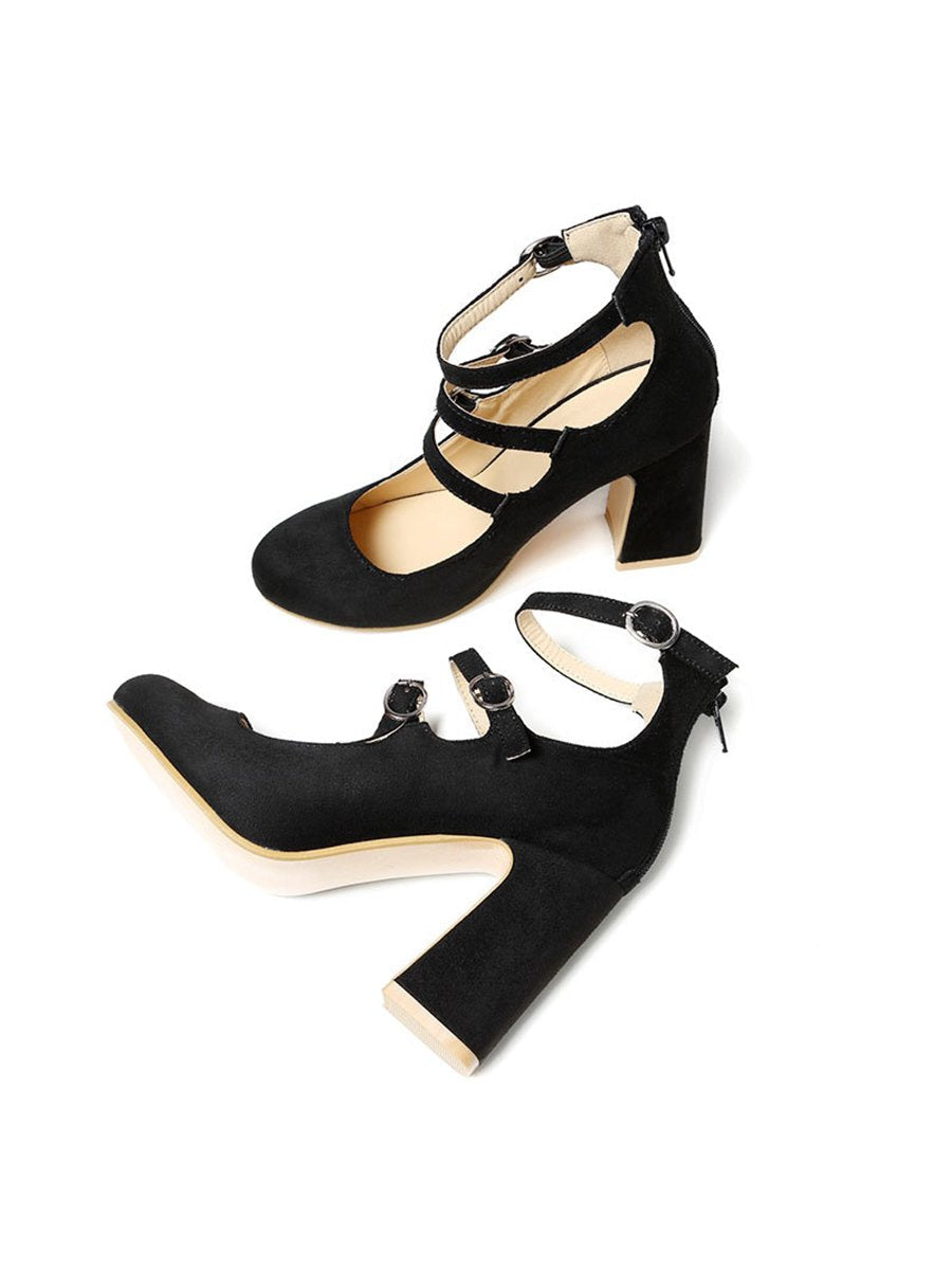 Roman Shoe Round Toe with One-Word Buckle Plain Strappy Chunky Heels