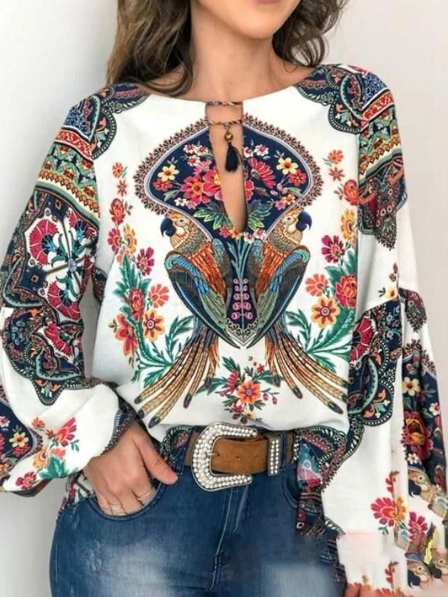 Plus Size Blouse For Women Floral Print Round Neck Bishop Sleeve Top