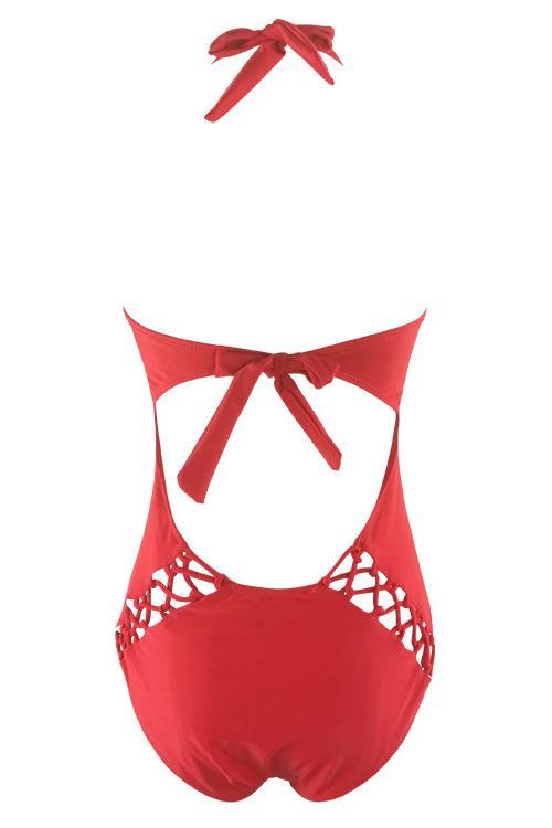 Red Halter Strappy Lace Up Braided Crisscross Sexy One Piece Swimsuit