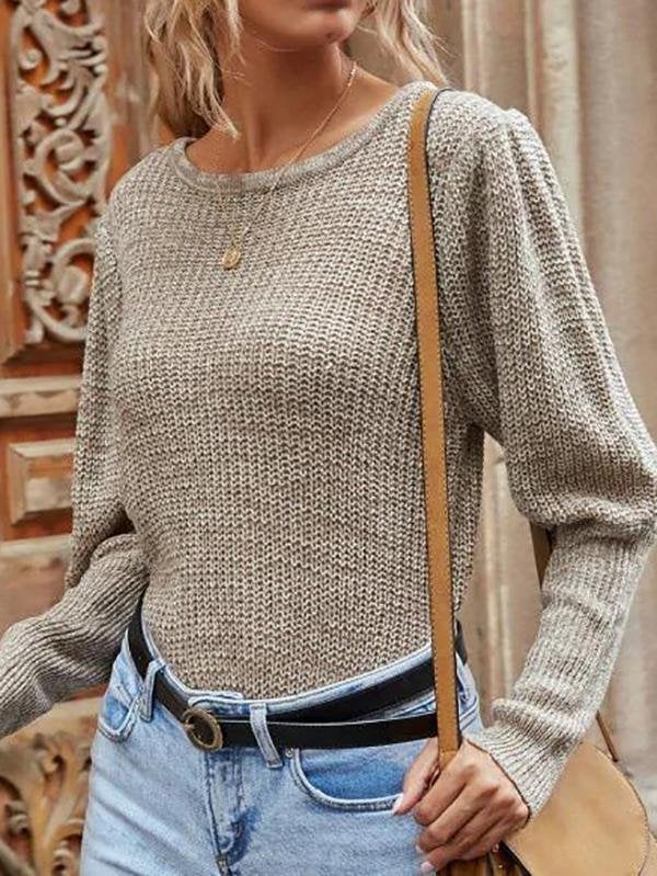 Balloon Sleeve Heathered Crew Neck Sweater - Sweaters - INS | Online Fashion Free Shipping Clothing, Dresses, Tops, Shoes - 02/07/2021 - Autumn - Casual