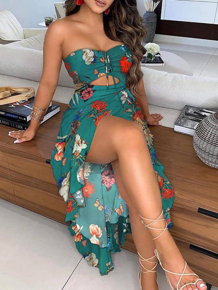 Bandeau Butterfly Print Cutout High Slit Dress - Maxi Dresses - INS | Online Fashion Free Shipping Clothing, Dresses, Tops, Shoes - 29/04/2021 - Color_Green - DRE210429096