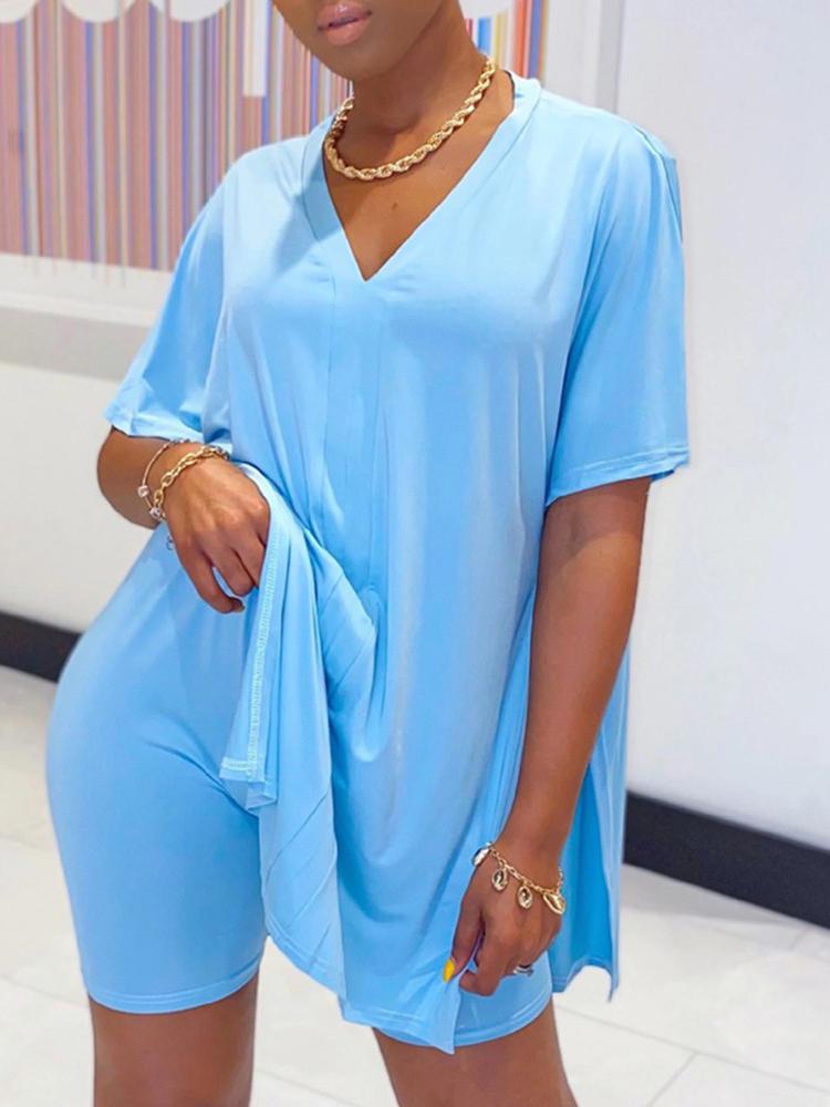 Batwing Sleeve Slit Top & High Waist Shorts Set - Two-piece Outfits - INS | Online Fashion Free Shipping Clothing, Dresses, Tops, Shoes - 05/05/2021 - Category_Two-piece Outfits - Color_Blue