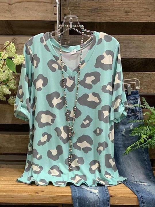 Blue Cotton-Blend Casual V Neck Leopard Tops - INS | Online Fashion Free Shipping Clothing, Dresses, Tops, Shoes