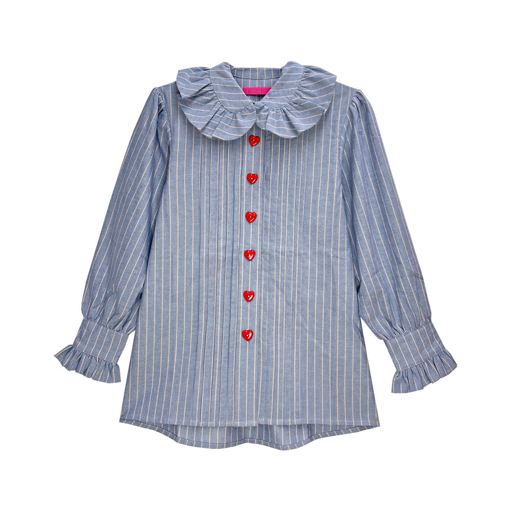 Ruffle Collar Blouse - Blue and Red Oxford