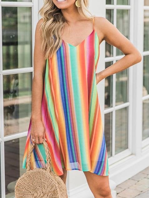 Bohemian Multicolor Striped Chiffon Sleeveless Sling Beach Short Dress - Mini Dresses - INS | Online Fashion Free Shipping Clothing, Dresses, Tops, Shoes - 20-30 - 21/07/2021 - color-multi