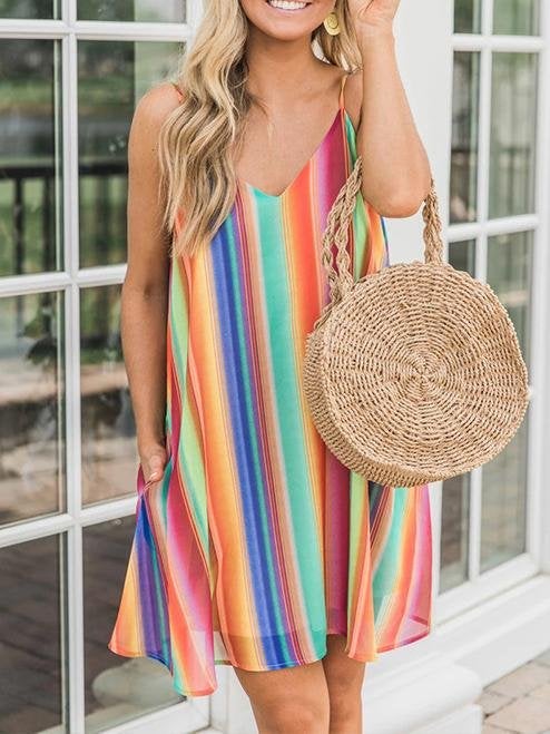 Bohemian Multicolor Striped Chiffon Sleeveless Sling Beach Short Dress - Mini Dresses - INS | Online Fashion Free Shipping Clothing, Dresses, Tops, Shoes - 20-30 - 21/07/2021 - color-multi