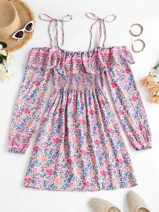 Bohemian Printed Tie Cold Shoulder Ruffles Dress - INS | Online Fashion Free Shipping Clothing, Dresses, Tops, Shoes