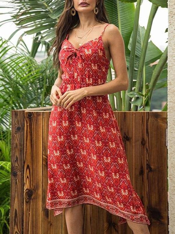 Boho Geometry Suspender Midi Dress With Bow Style V Neck - Dresses - INS | Online Fashion Free Shipping Clothing, Dresses, Tops, Shoes - 18/03/2021 - Color_Red - Daily