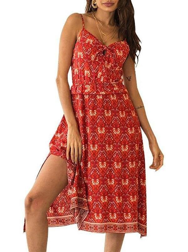 Boho Geometry Suspender Midi Dress With Bow Style V Neck - Dresses - INS | Online Fashion Free Shipping Clothing, Dresses, Tops, Shoes - 18/03/2021 - Color_Red - Daily