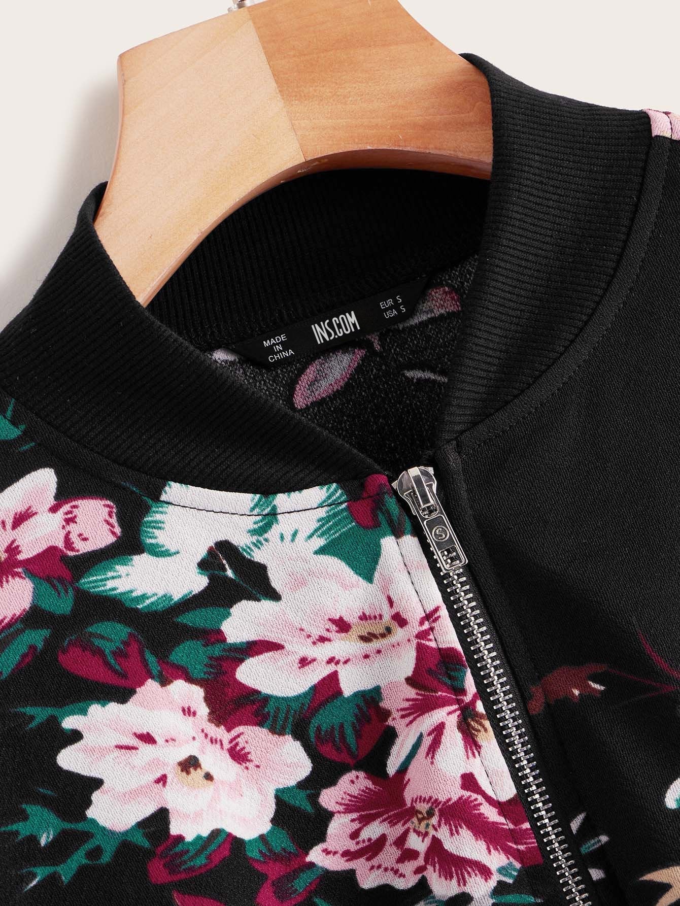 Botanical Print Zip Up Bomber Jacket - INS | Online Fashion Free Shipping Clothing, Dresses, Tops, Shoes