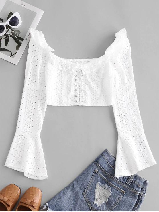 Broderie Anglaise Lace Up Ruffle Milkmaid Crop Blouse - INS | Online Fashion Free Shipping Clothing, Dresses, Tops, Shoes
