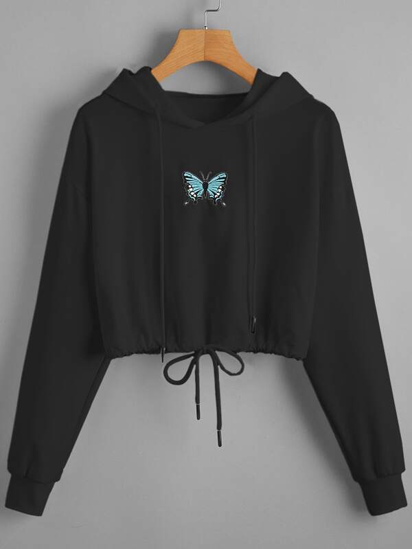 Butterfly Embroidered Drop Shoulder Crop Hoodie - INS | Online Fashion Free Shipping Clothing, Dresses, Tops, Shoes