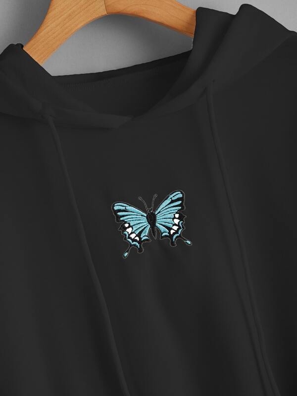 Butterfly Embroidered Drop Shoulder Crop Hoodie - INS | Online Fashion Free Shipping Clothing, Dresses, Tops, Shoes