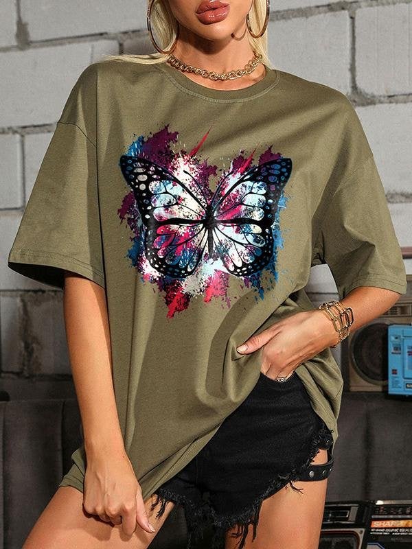 Butterfly Print Animal Casual T Shirt - T-Shirts - INS | Online Fashion Free Shipping Clothing, Dresses, Tops, Shoes - 04/13/2021 - Colour_Black - Colour_Green