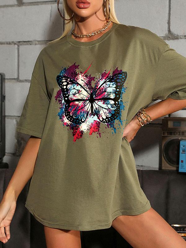 Butterfly Print Animal Casual T Shirt - T-Shirts - INS | Online Fashion Free Shipping Clothing, Dresses, Tops, Shoes - 04/13/2021 - Colour_Black - Colour_Green
