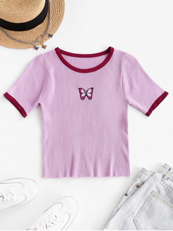 Butterfly Print Ribbed Knit Ringer Top - INS | Online Fashion Free Shipping Clothing, Dresses, Tops, Shoes
