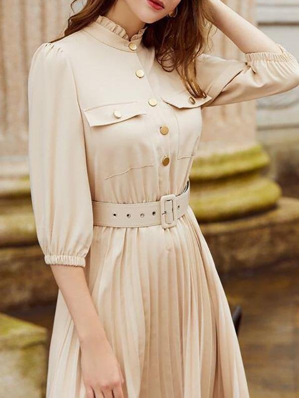 Button Front Buckle Belted Pleated Dress - Dresses - INS | Online Fashion Free Shipping Clothing, Dresses, Tops, Shoes - 02/02/2021 - Apricot - Autumn