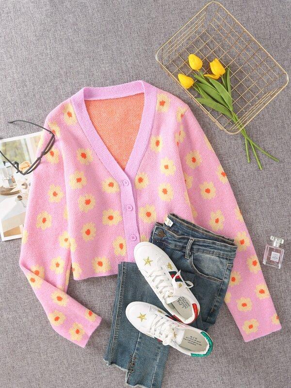 Button Front Floral Pattern Cardigan - INS | Online Fashion Free Shipping Clothing, Dresses, Tops, Shoes