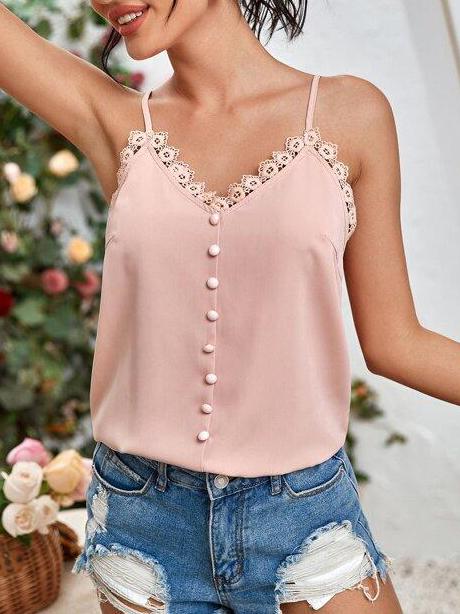 Button Front Lace Trim Cami Top - Tops - INS | Online Fashion Free Shipping Clothing, Dresses, Tops, Shoes - 214 - Beach - Casual