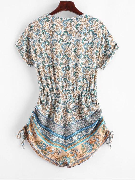 Button Loop Cinched Bohemian Printed Romper - INS | Online Fashion Free Shipping Clothing, Dresses, Tops, Shoes