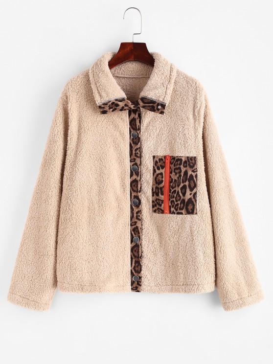 Button Up Zippered Leopard Panel Teddy Jacket - INS | Online Fashion Free Shipping Clothing, Dresses, Tops, Shoes