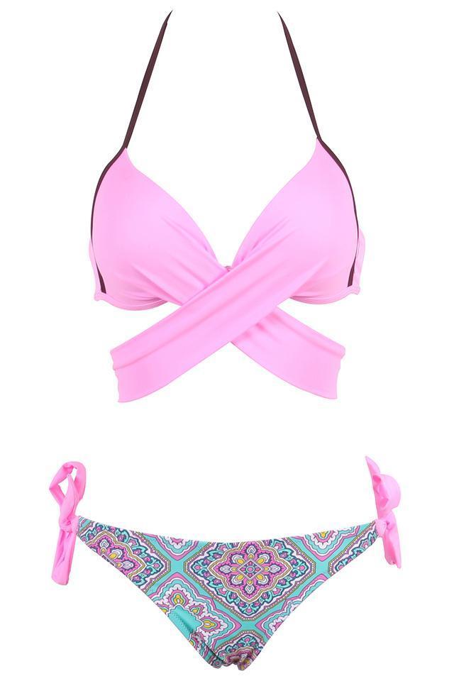 Pink Tribal Print Wrap Around Side Tie Halter Sexy Bikini Bathing Suit