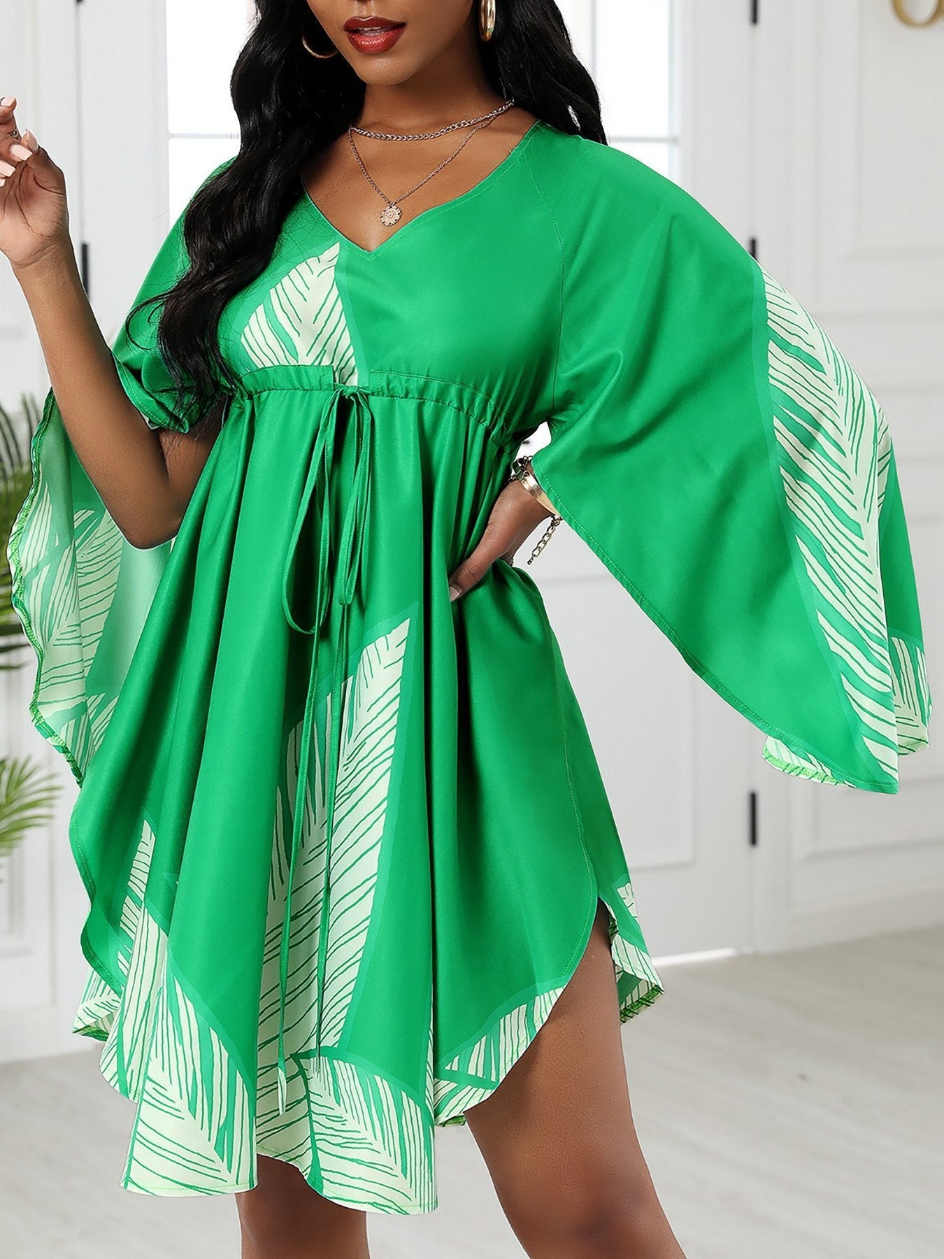 Cape Sleeve Leaves Print Ruched Dress - Mini Dresses - INS | Online Fashion Free Shipping Clothing, Dresses, Tops, Shoes - 28/04/2021 - Category_Mini Dresses - Color_Green